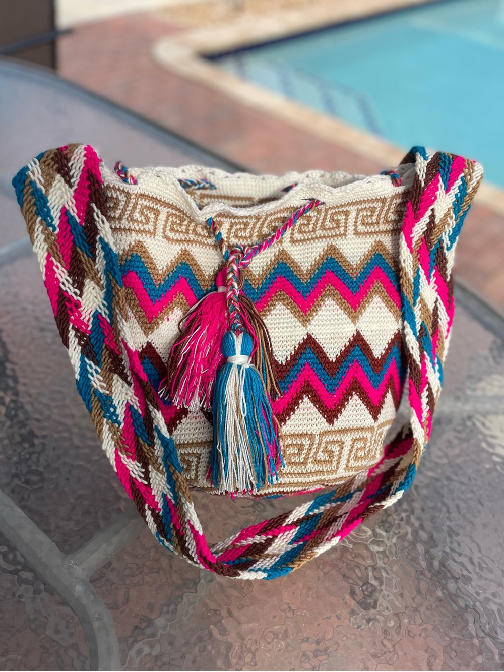 Wayuu Mochila Pink Blue Drawstring Bucket Bag